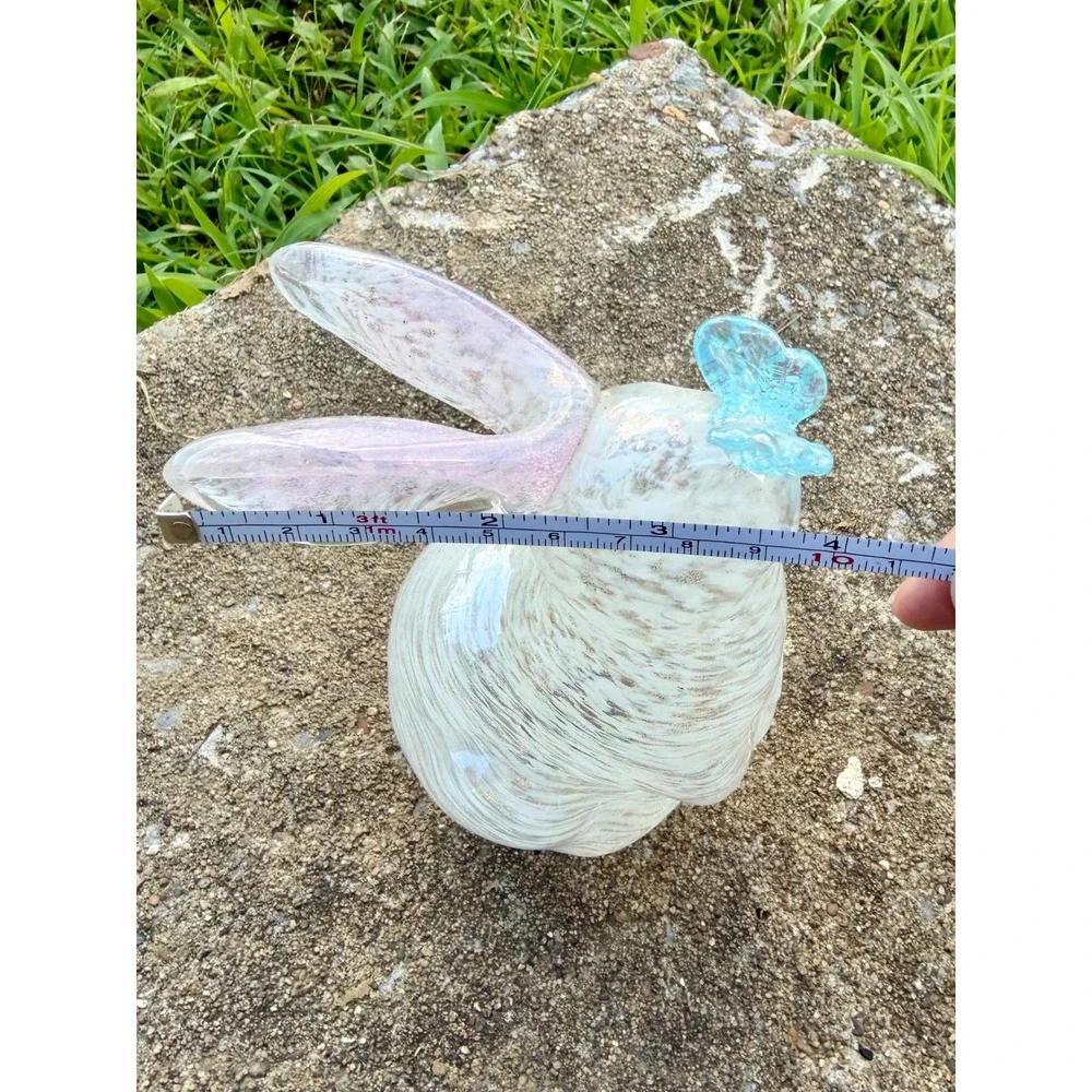 Hand Blown Art Glass Bunny Figurine White Swirl Pink Ears Blue Butterfly 8.5in